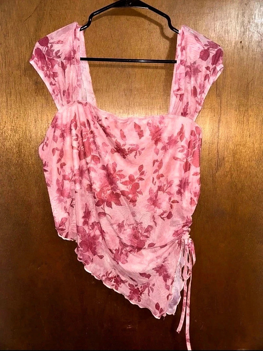 SHEIN MOD Floral Print Ruched Asymmetrical Hem Mesh Tube Top Pink Mesh Crop Top